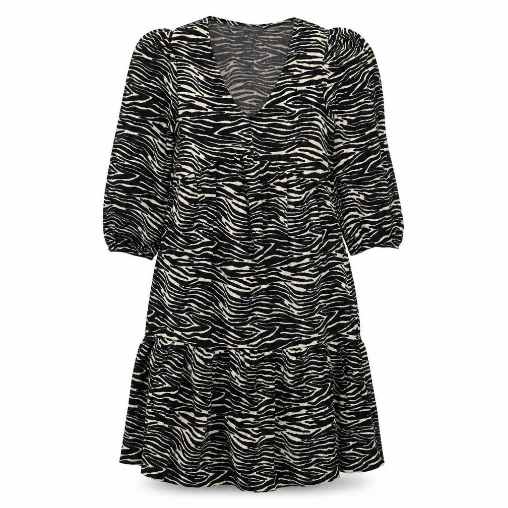 Front view of Primark women’s black animal print polyester trapeze & swing, size UK 6, v-neck pullover