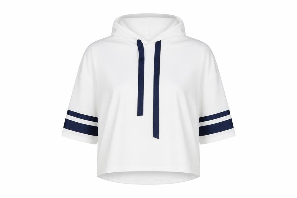 Front view of women’s white striped cotton pullover hoodie, size M, pullover