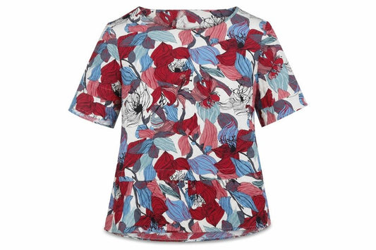Front view of Carolyn Donnelly The Edit women’s multicoloured floral viscose basic blouse, size UK 8, round neck
