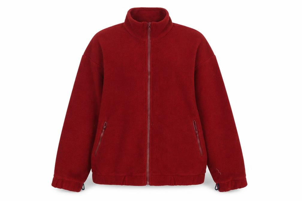 Front view of Pure women’s red polyester full zip sweatshirt, size L
