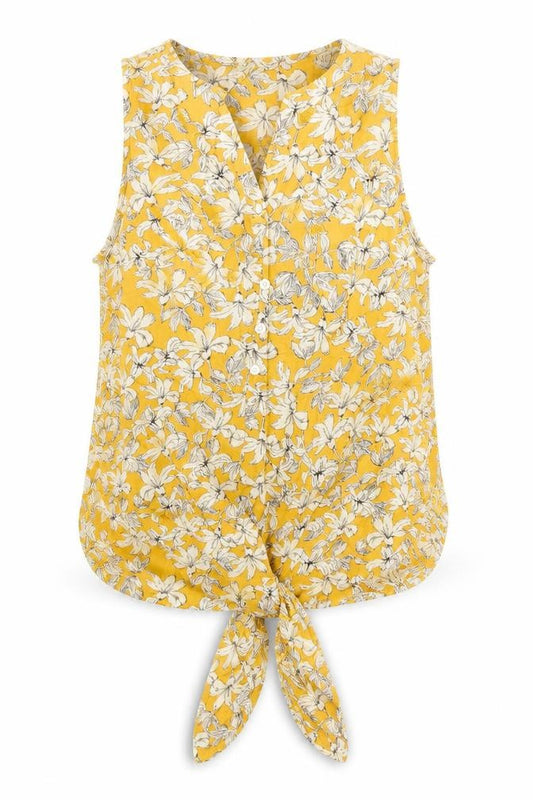 Front view of F&F women’s yellow floral basic tank, size UK 6, v-neck
