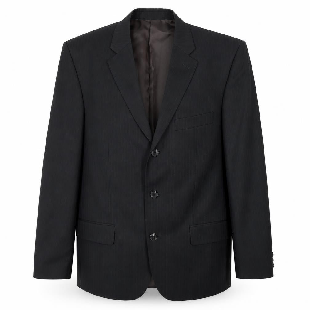Front view of Jack Reid men’s black striped polyester jacket blazer, size 42