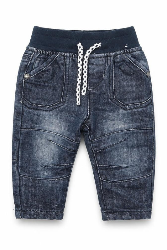 Front view of Denim Co boys’ blue cotton cargo jeans, size 3-6, months drawstring