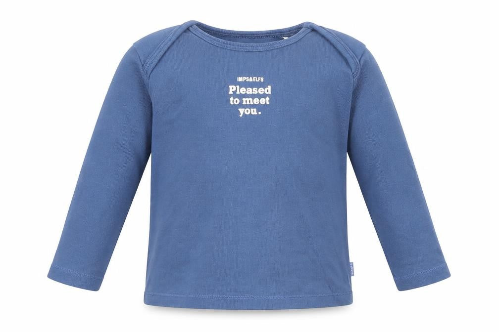 Front view of Imps & Elfs boys’ blue cotton basic t-shirt, size 6-9, months crew neck