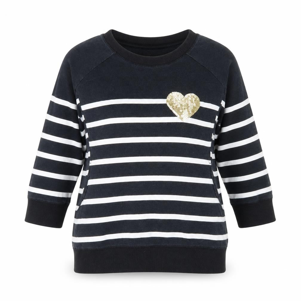 Front view of Select women’s black striped cotton pullover sweatshirt, size UK 10