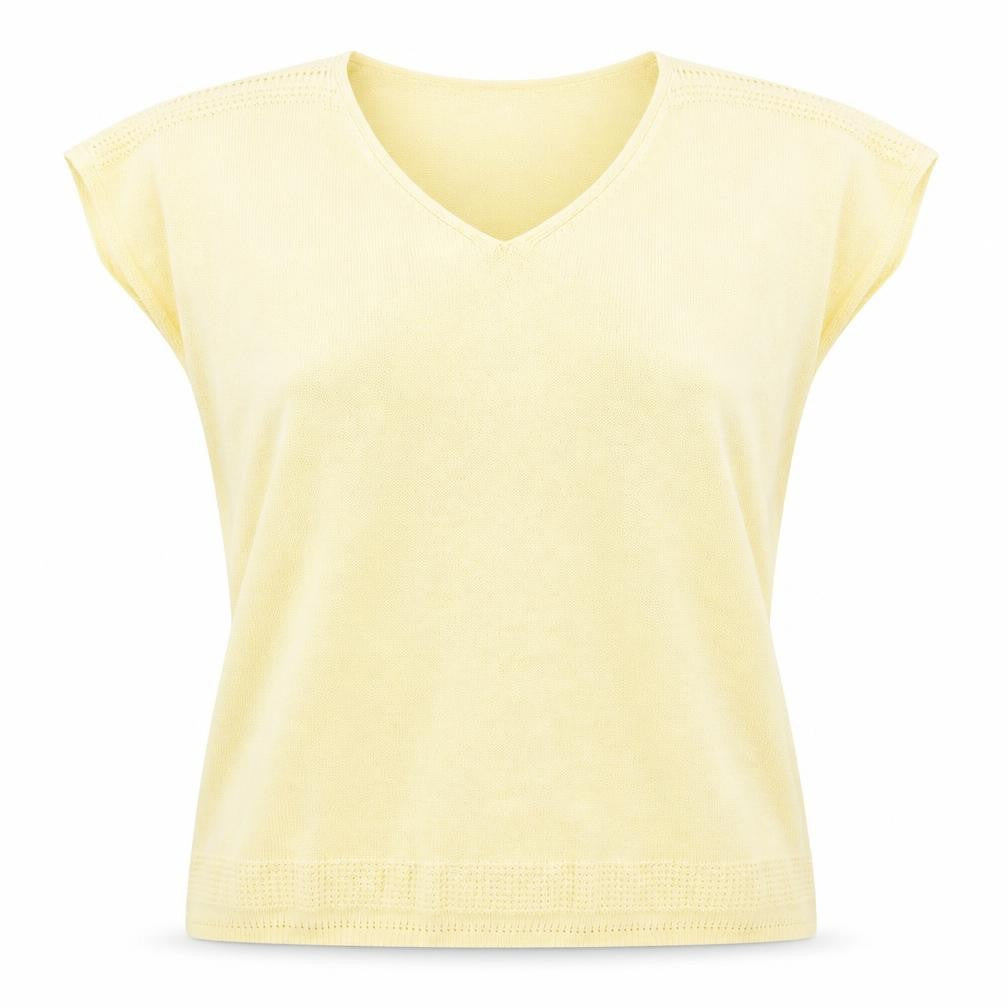 Front view of Bonmarché women’s yellow v-neck viscose jumper, size L