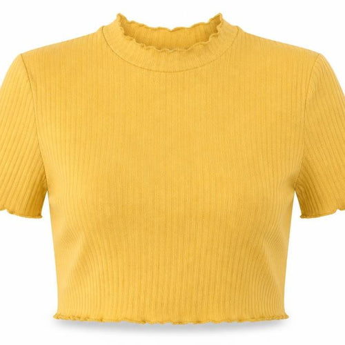 SheIn Womens Yellow  Polyester Cropped T-Shirt Size L Round Neck