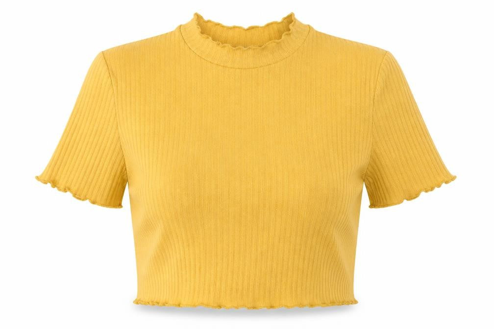 SheIn Womens Yellow  Polyester Cropped T-Shirt Size L Round Neck