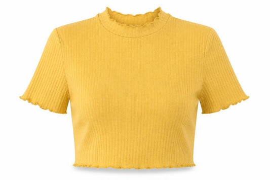Front view of SHEIN women’s yellow polyester cropped t-shirt, size L, round neck