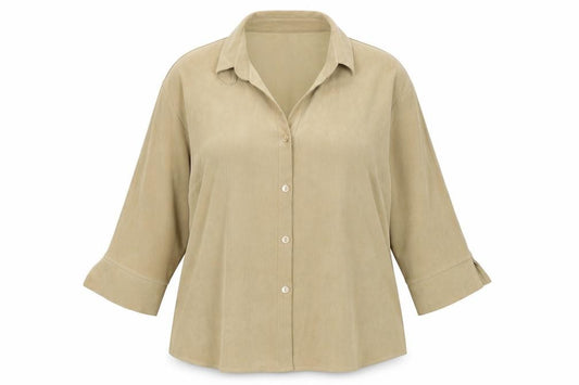 Front view of Sara Woman women’s beige polyester basic button-up, size UK 20, v-neck