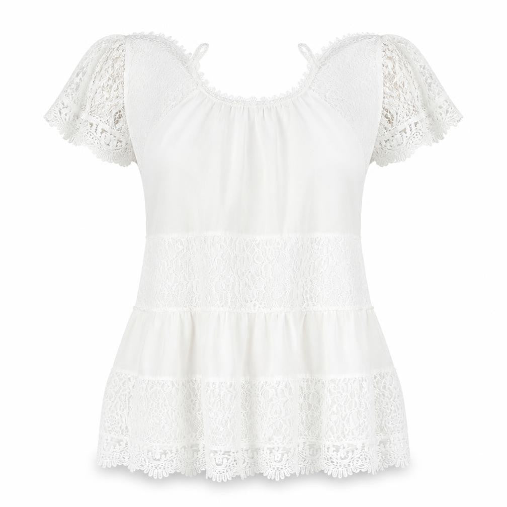 Front view of QED London women’s white cotton basic blouse, size S, round neck - open shoulder