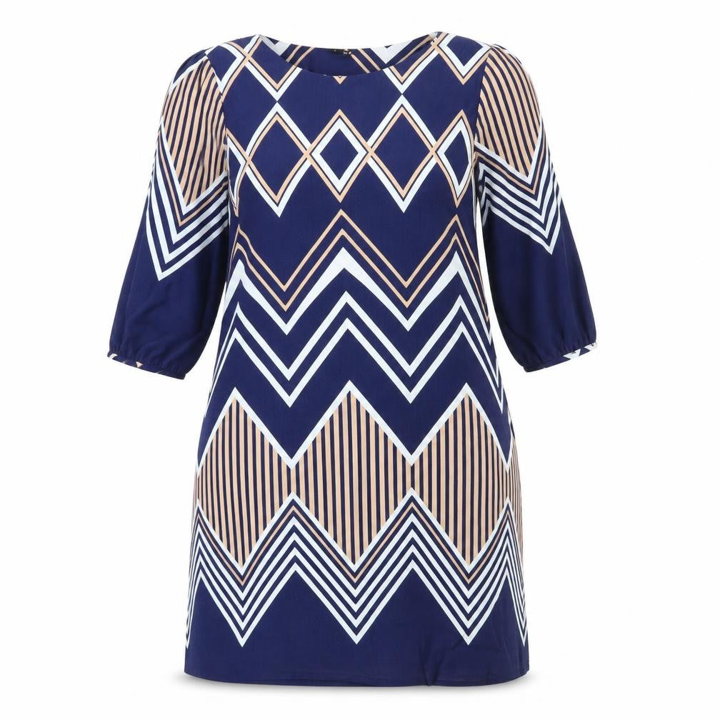 Front view of Izabel London women’s blue striped polyester shift, size UK 12, round neck pullover