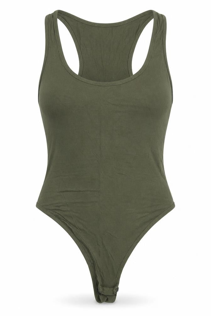 Front view of LOTD women’s green viscose bodysuit one-piece, size UK 6, button