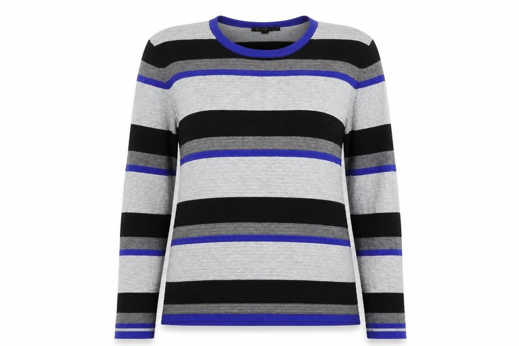 Front view of Mud Flowers women’s grey crew neck striped viscose jumper, size L