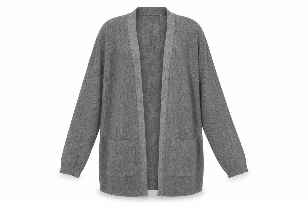Front view of devotion by cyrus women’s grey v-neck polyester cardigan jumper, size S