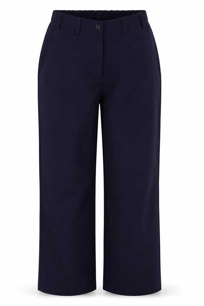 Front view of Tailored Image women’s blue polyester capri trousers, size UK 10, 30-inch leg regular button