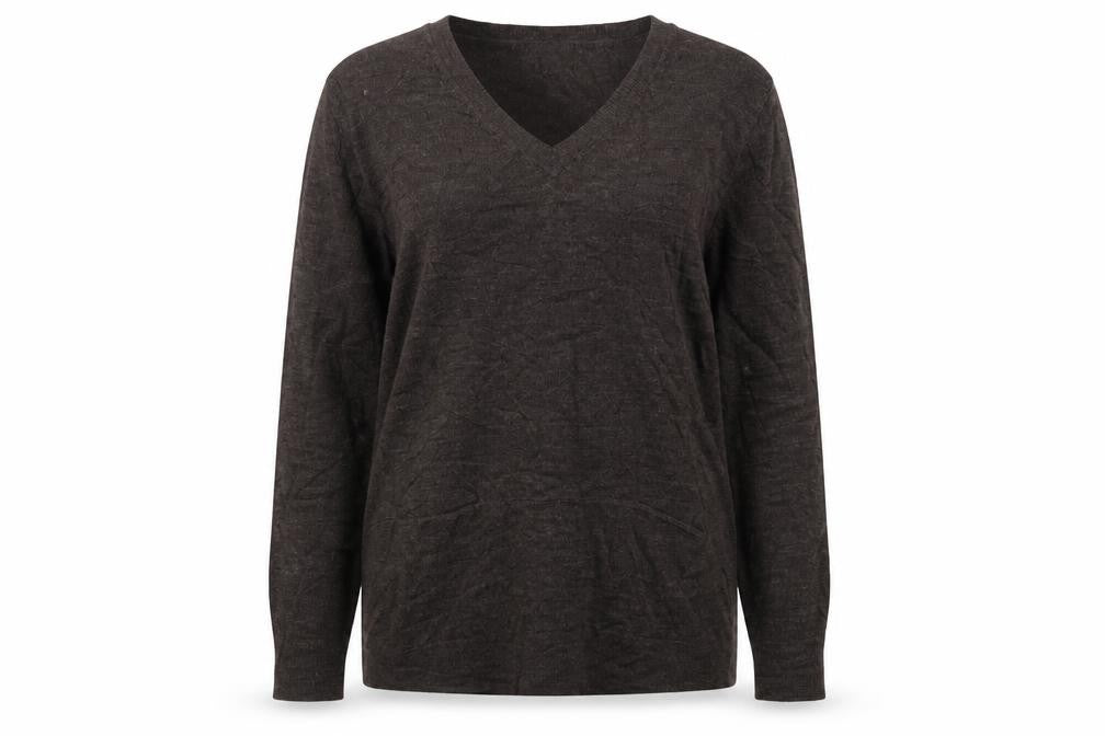 Front view of H&M women’s brown v-neck acrylic jumper, size S