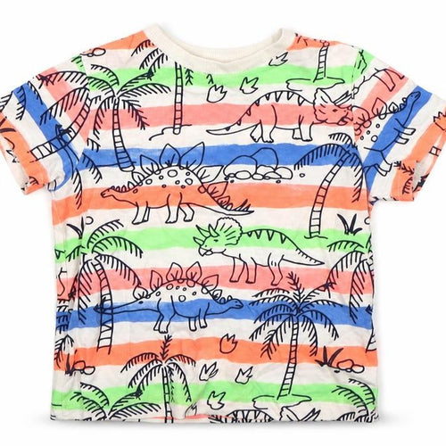 F&F Boys Multicoloured Striped Cotton Basic T-Shirt Size 12-18 Months Round Neck  - Dinosaurs