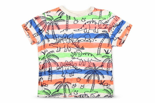 Front view of F&F boys’ multicoloured striped cotton basic t-shirt, size 12-18, months round neck - dinosaurs