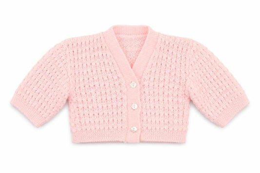Front view of Bebe Bonito girls’ pink acrylic cardigan jumper, size 3-6, months button
