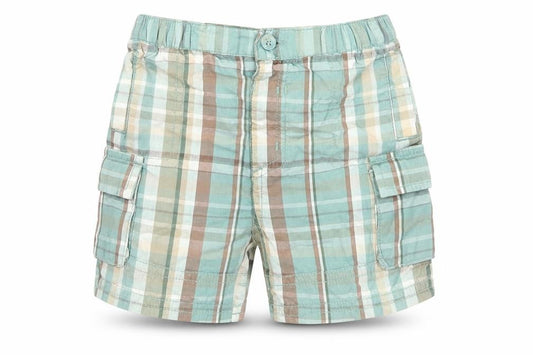 Front view of George boys’ blue plaid cotton cropped trousers, size 3-6, months button