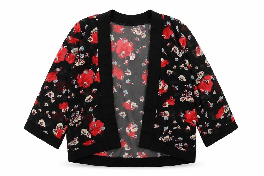 E-vie Angel Girls Black Floral Polyester Kimono Blouse Size 3 Years Round Neck