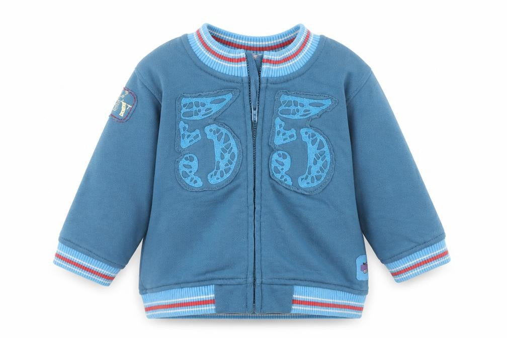 Front view of Tu boys’ blue jacket, size 9-12, months zip