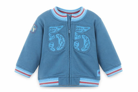 Front view of Tu boys’ blue jacket, size 9-12, months zip