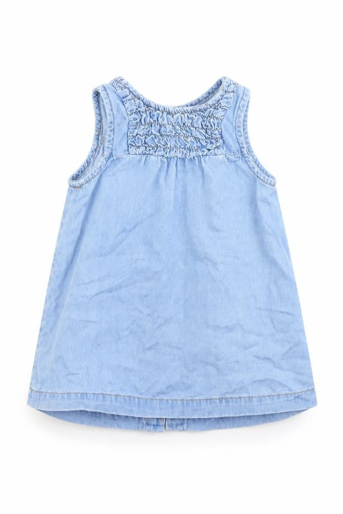 Front view of Pumpkin Patch girls’ blue cotton a-line, size 0-3, months round neck button