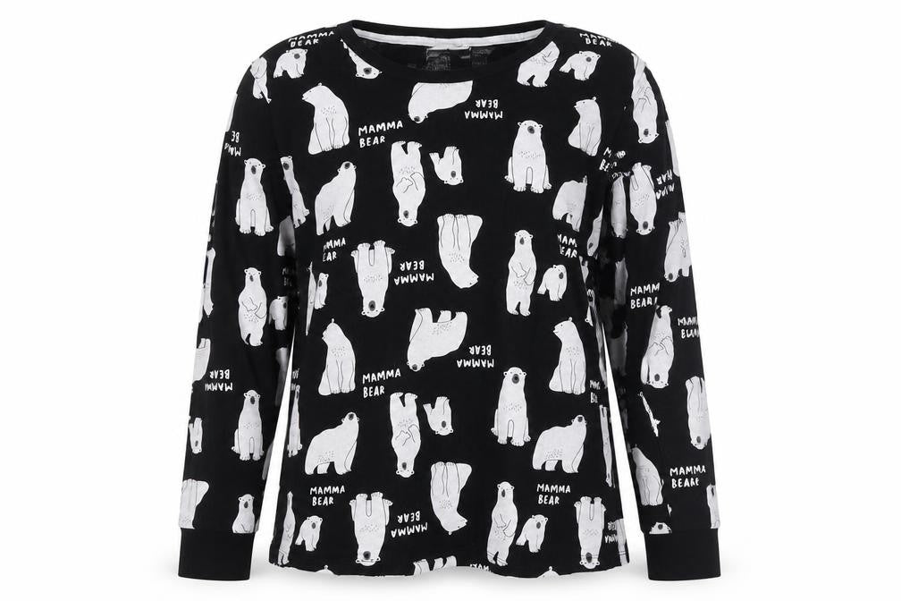 Time To Dream Womens Black Solid Cotton Top Pyjama Top Size M   - Mama Polar bear