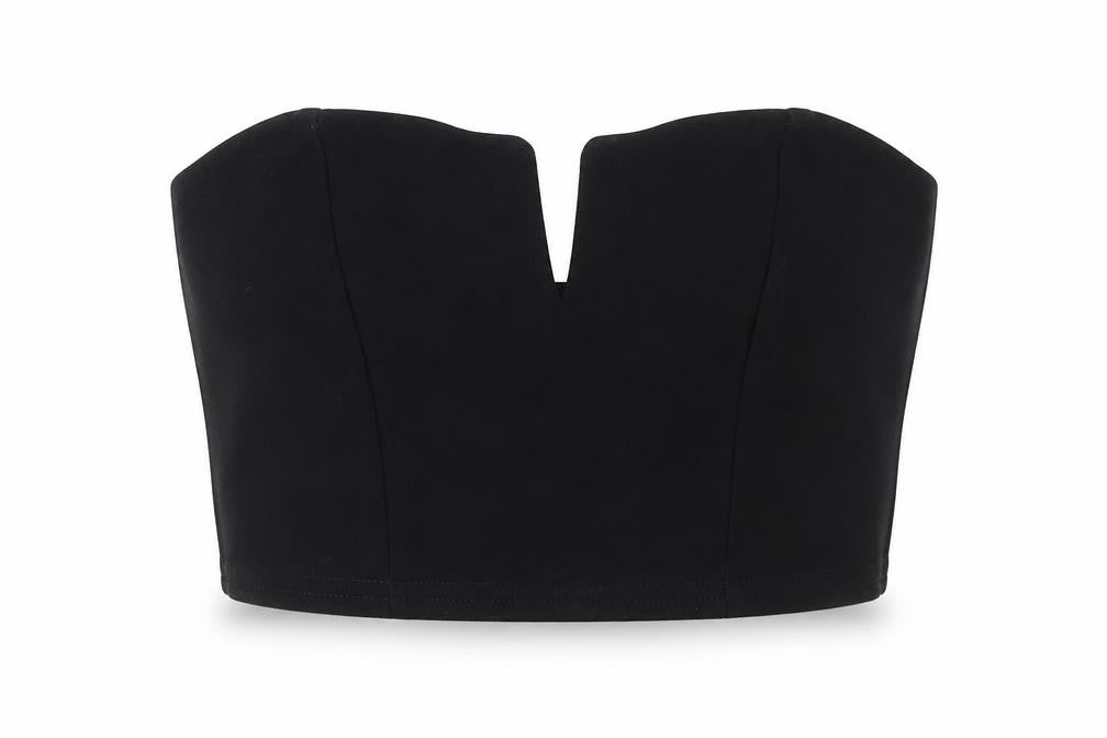 Front view of Boohoo women’s black polyester cropped blouse, size UK 6, v-neck