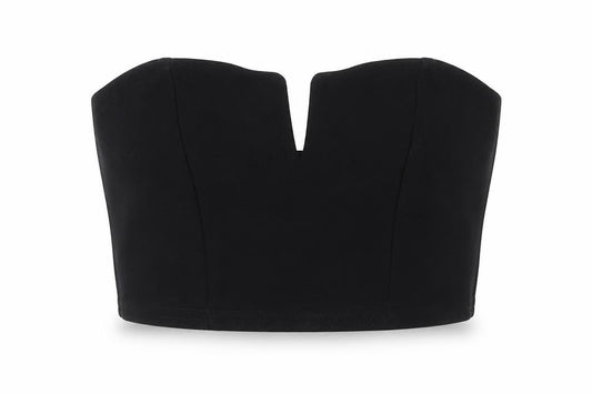 Front view of Boohoo women’s black polyester cropped blouse, size UK 6, v-neck