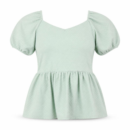 Front view of Peacocks women’s green geometric polyester basic blouse, size UK 10, sweetheart