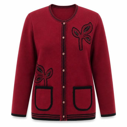 Roman Originals Womens Red Round Neck Floral Acrylic Cardigan Jumper Size S