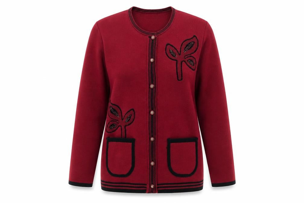 Roman Originals Womens Red Round Neck Floral Acrylic Cardigan Jumper Size S