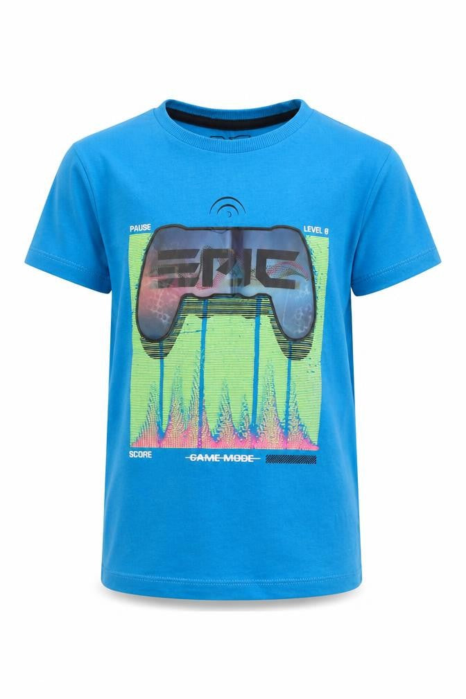 Front view of Urban Debt boys’ blue cotton basic t-shirt, size 5, years crew neck pullover - game mode