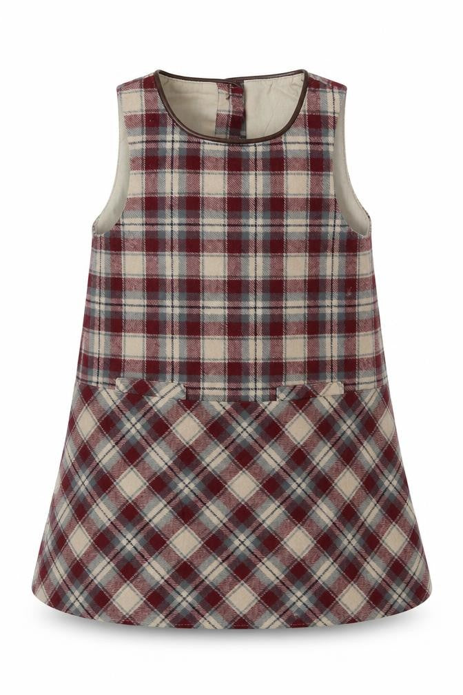 Dunnes Stores Girls Red Check Cotton A-Line  Size 2-3 Years  Crew Neck Button