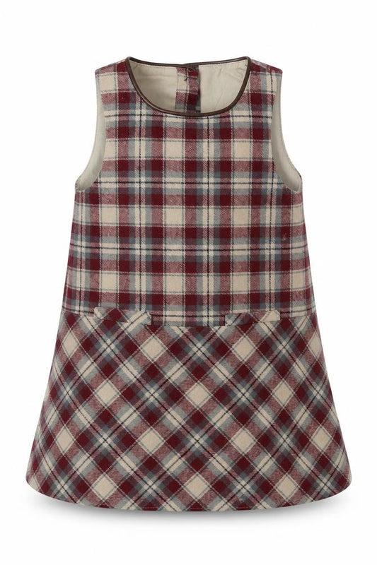 Front view of Dunnes girls’ red check cotton a-line, size 2-3, years crew neck button