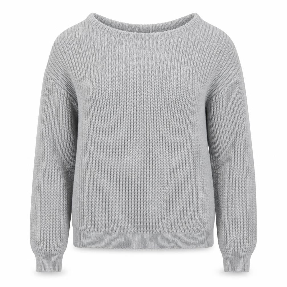 Front view of Missguided women’s grey round neck acrylic jumper, size S