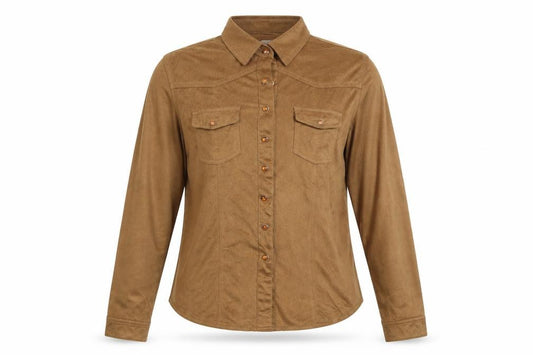 Front view of Roomates women’s brown polyester basic button-up, size L, collared