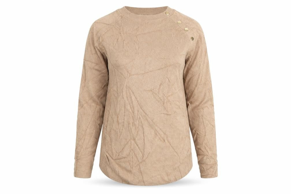 Front view of H&M women’s beige round neck viscose jumper, size M