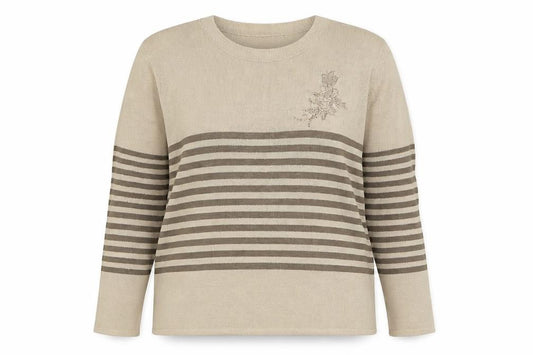 Front view of Glimpse women’s beige round neck striped polyester jumper, size L
