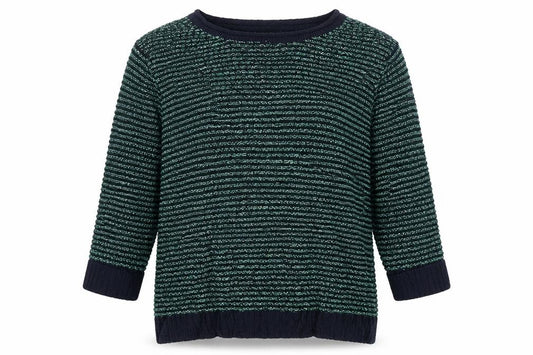 Front view of Isle Essentials women’s green round neck striped cotton jumper, size S