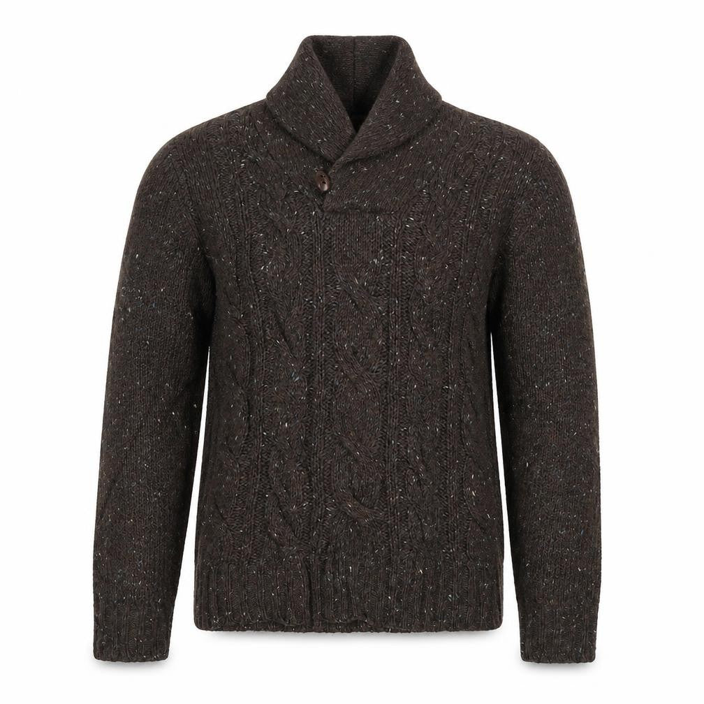 Front view of Marks & Spencer men’s brown v-neck acrylic jumper, size S