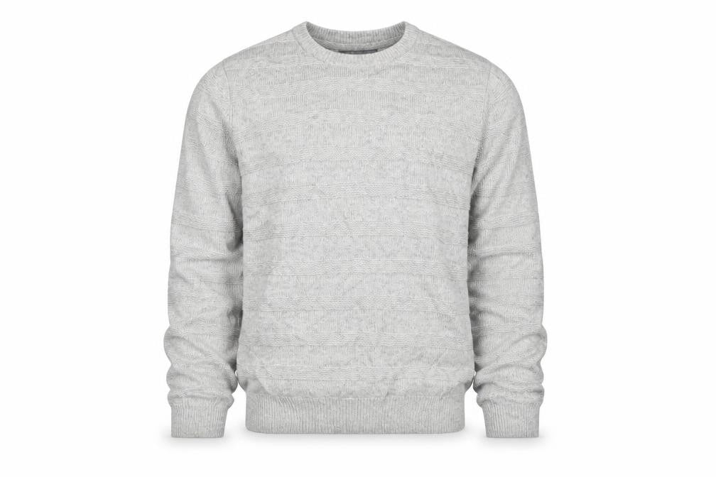 Front view of Marks & Spencer men’s grey round neck acrylic jumper, size M