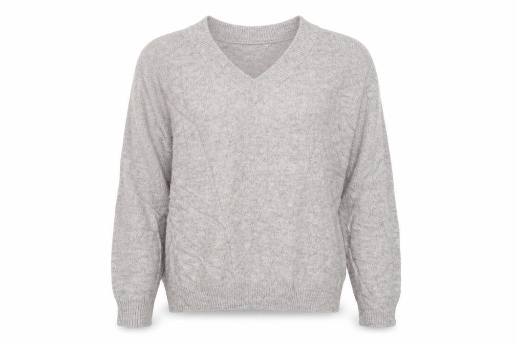 Front view of H&M women’s pink v-neck acrylic jumper, size XS