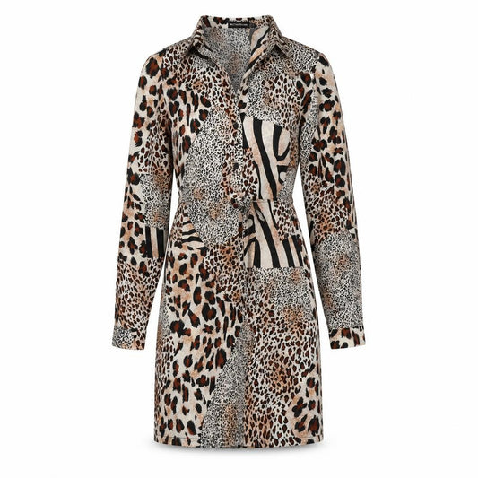 Front view of PRETTYLITTLETHING women’s multicoloured animal print polyester a-line, size UK 6, collared - leopard print
