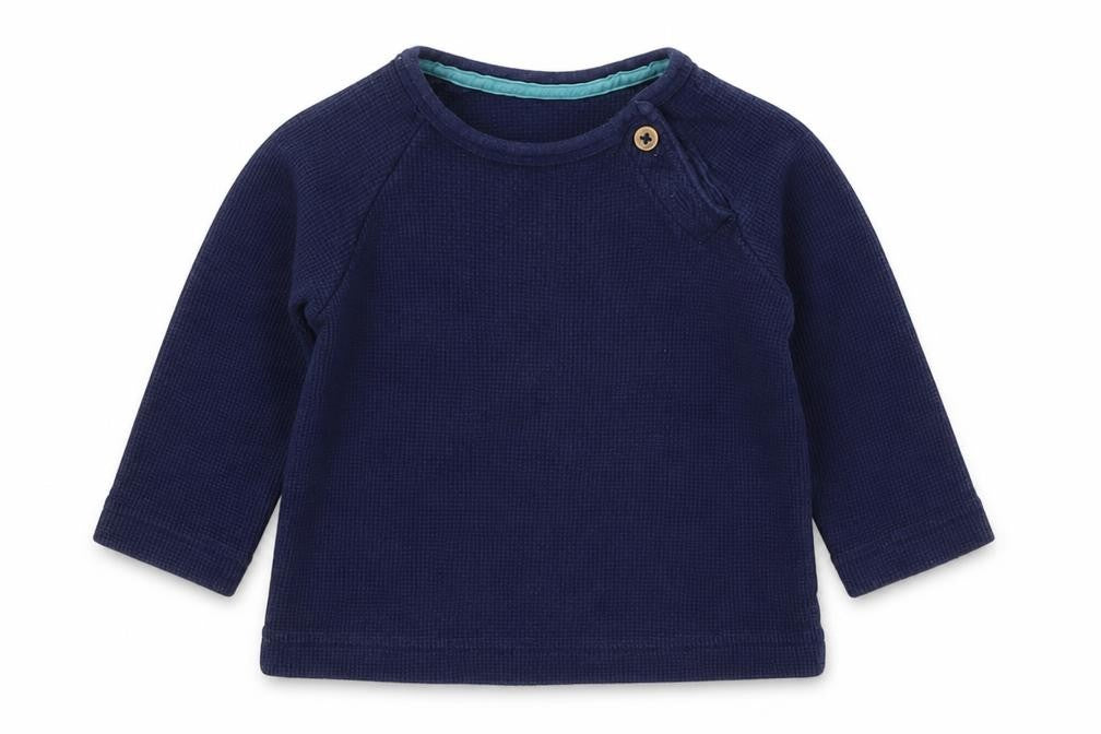 Front view of Marks & Spencer boys’ blue cotton basic t-shirt, size 3-6, months crew neck button