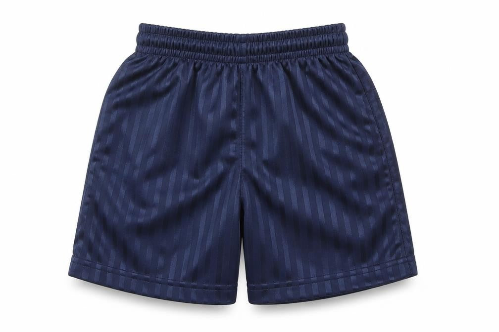 Front view of Top Sport boys’ blue striped polyester sweat shorts, size 7-8, years regular drawstring