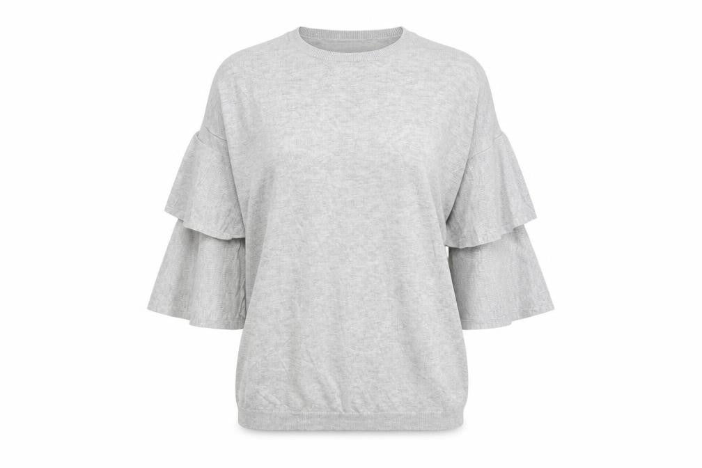 Front view of Dorothy Perkins women’s grey round neck viscose jumper, size UK 10